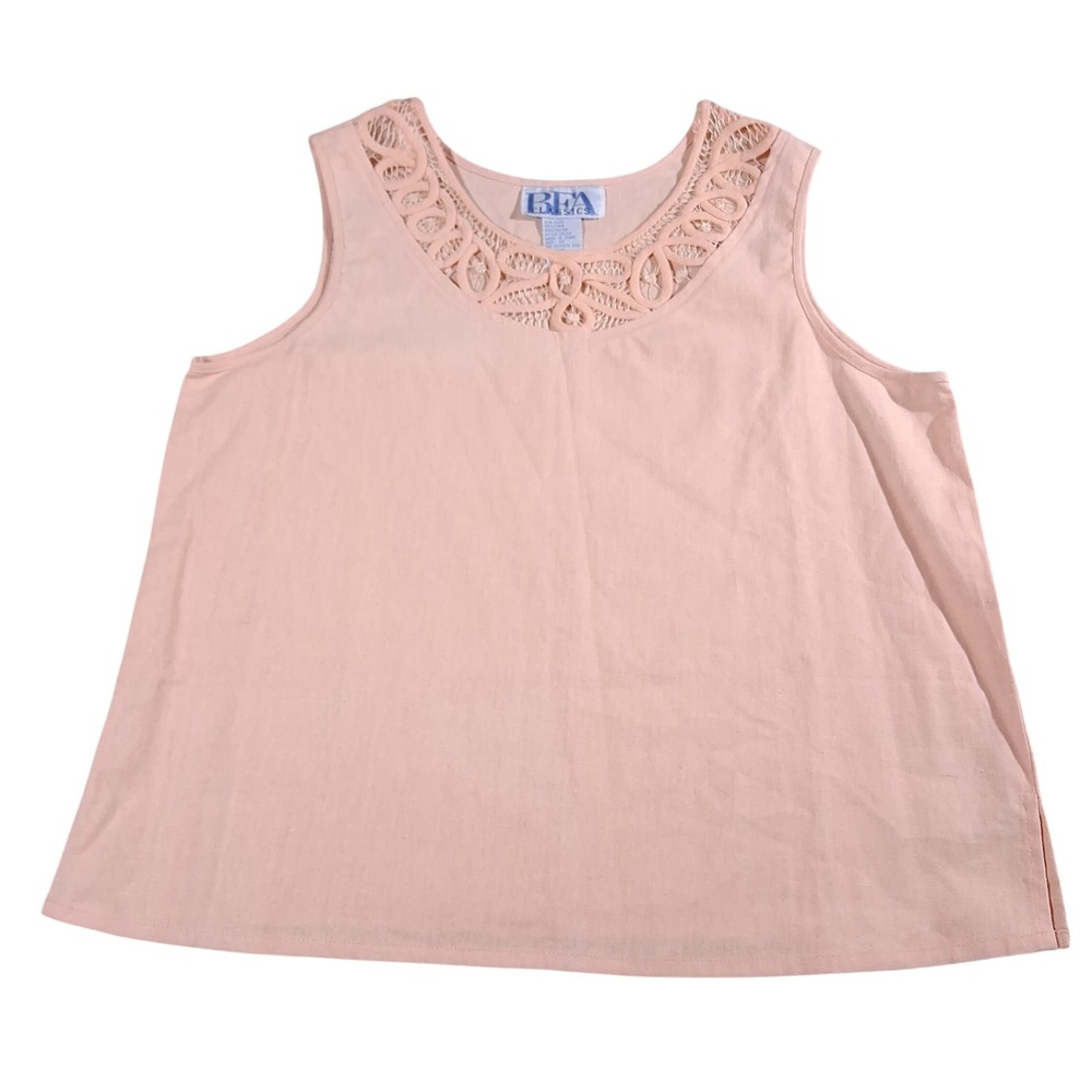 Vintage Peach Linen Blend Embroidered Cutout Neck Tank Top Size 12 Petite Casual